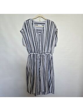 TIME & TRU DRESS WOMEN BLUE WHITE STRIPE MIDI LINEN CASUAL COASTAL BEACH XL16/18